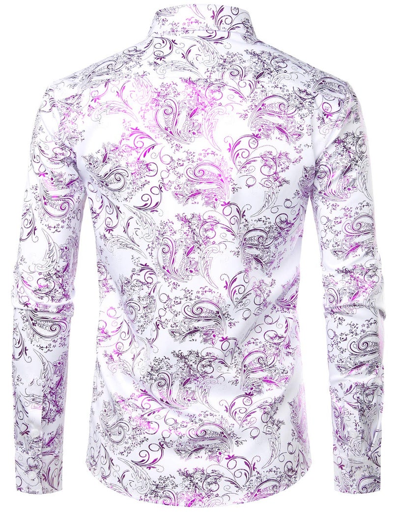 ZEROYAA Men's Luxury Paisley Dress Shirt Shiny Floral Printed Button Down Shirts for Party Prom ZLCL18 White Purple X-Large - Image 2